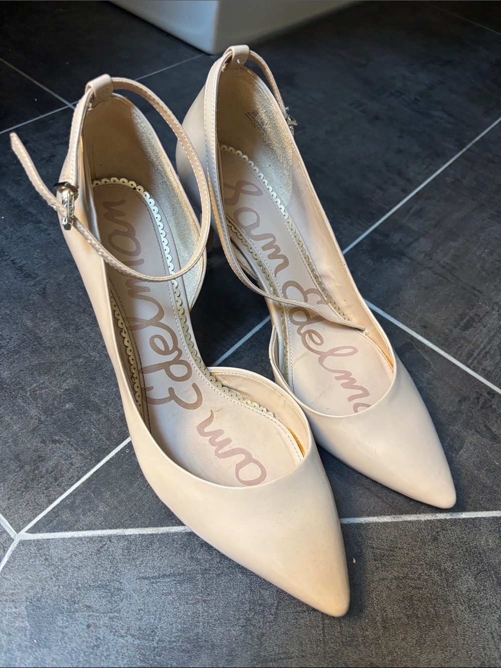 Sam Edelman Nude Pointed-Toe Ankle-Strap Pumps